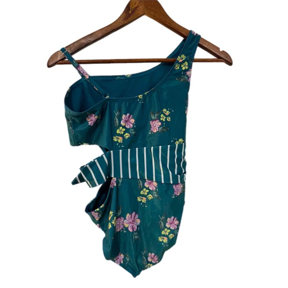 Justice One Piece Swimsuit‎ Kids Size 12/14 Teal Floral One Shoulder Excellent